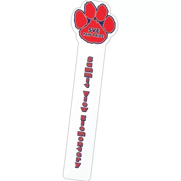Full color paw-shaped bookmark.