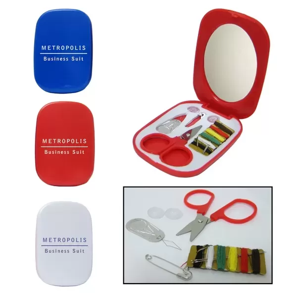 Sewing kit and mirror.